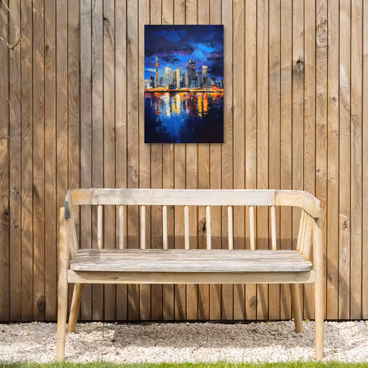 Skyline Toronto - Modern - Stadslicht - Blauw Tuinposter op houten frame 2 cm dik klein -sfeer4