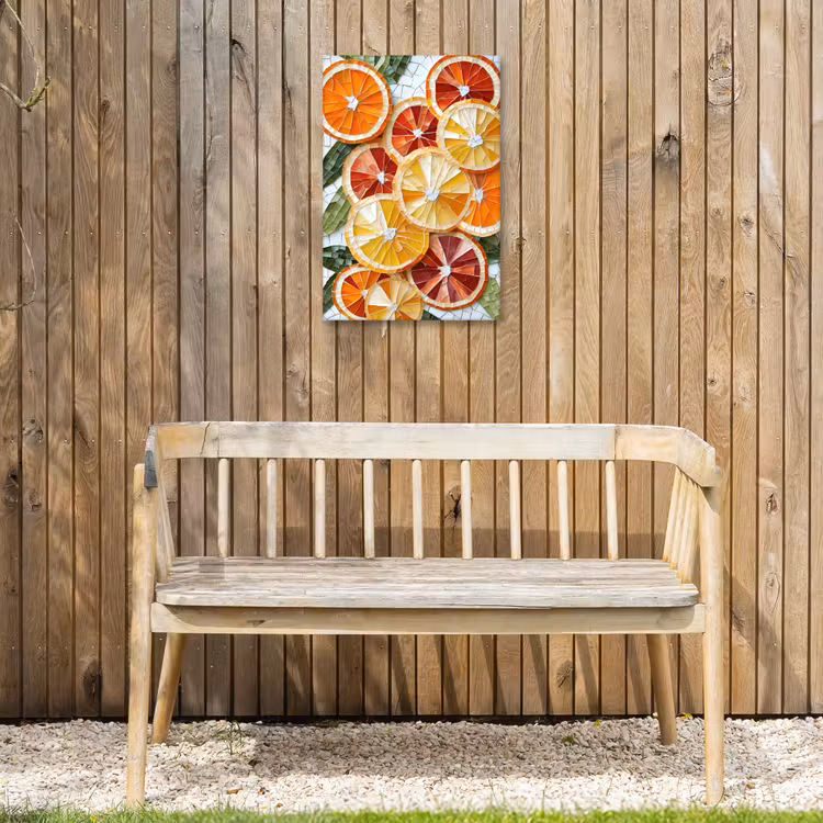 Schijfjes - Fruit - Oranje - Mozaïek Tuinposter op houten frame 2 cm dik klein -sfeer4