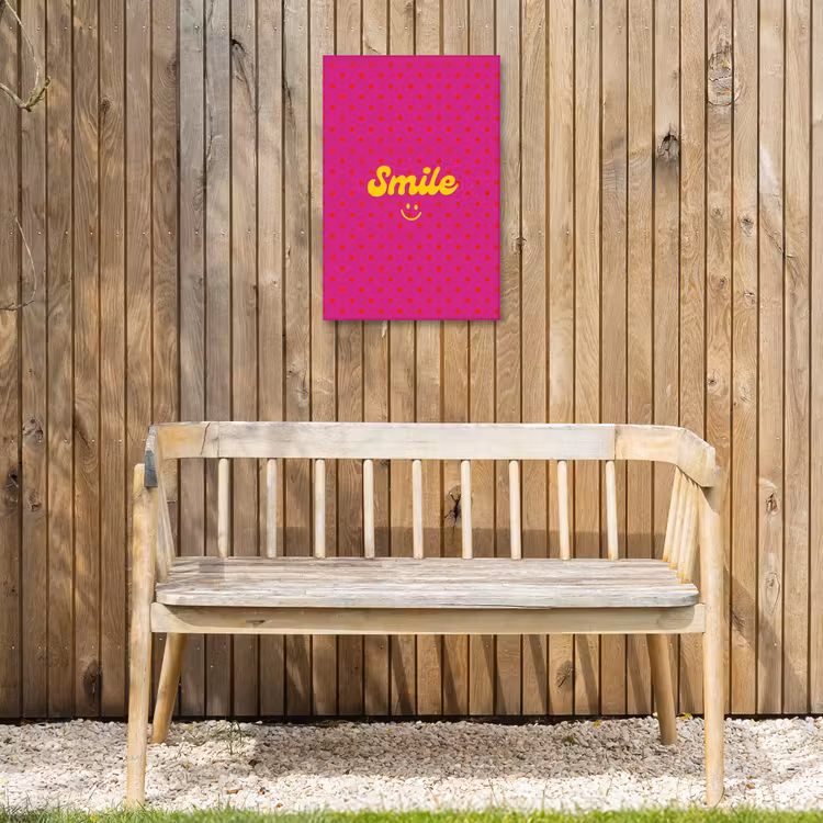 Smile - Stippen - Geel - Smiley - Roze Tuinposter op houten frame 2 cm dik klein -sfeer4