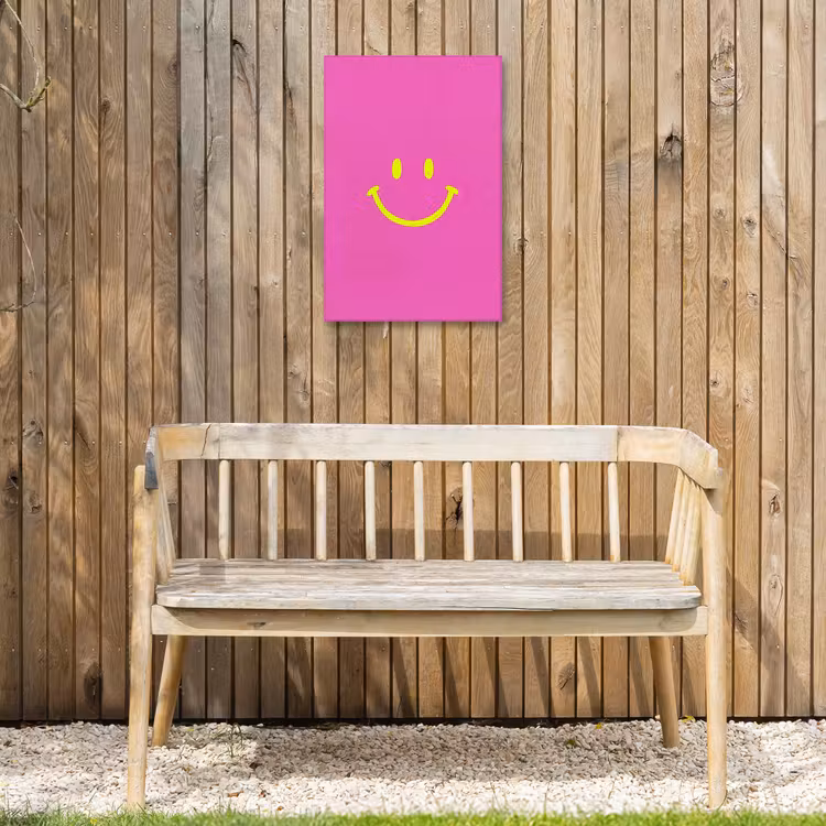 Smiley - Vrolijk - Roze Tuinposter op houten frame 2 cm dik klein -sfeer4
