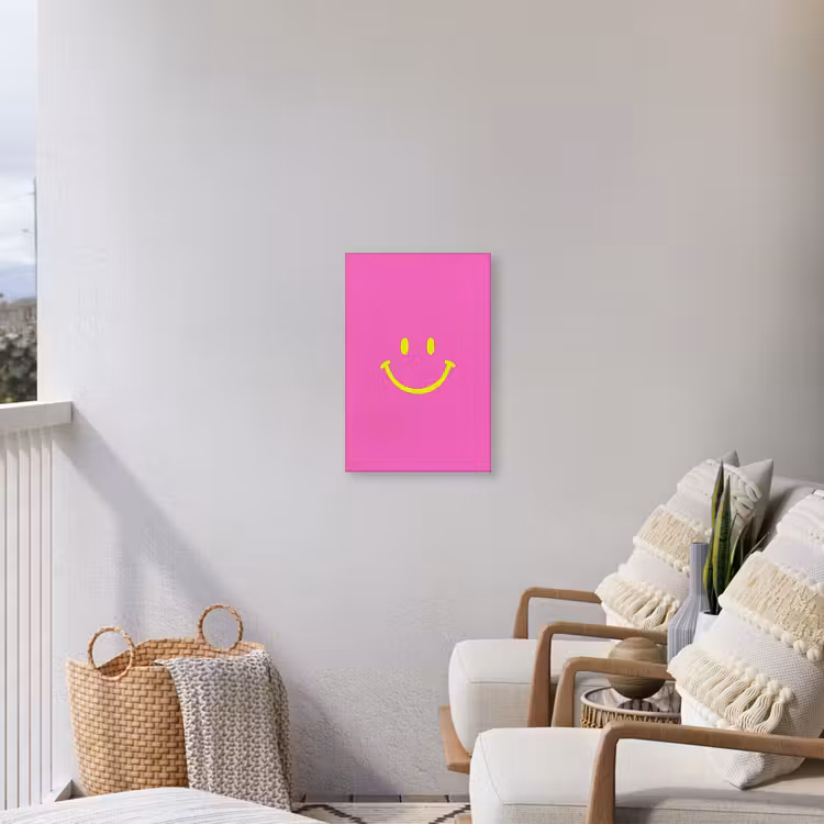 Smiley - Vrolijk - Roze Tuinposter op houten frame 2 cm dik klein -sfeer1