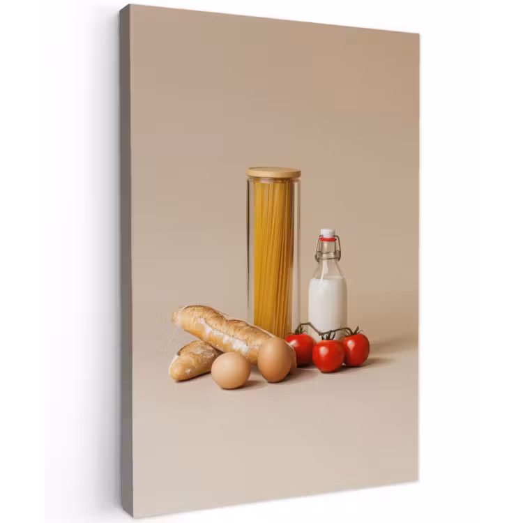 Spaghetti - Melk - Tomaten - Eieren - Brood Tuinposter op houten frame 2 cm dik klein -3d