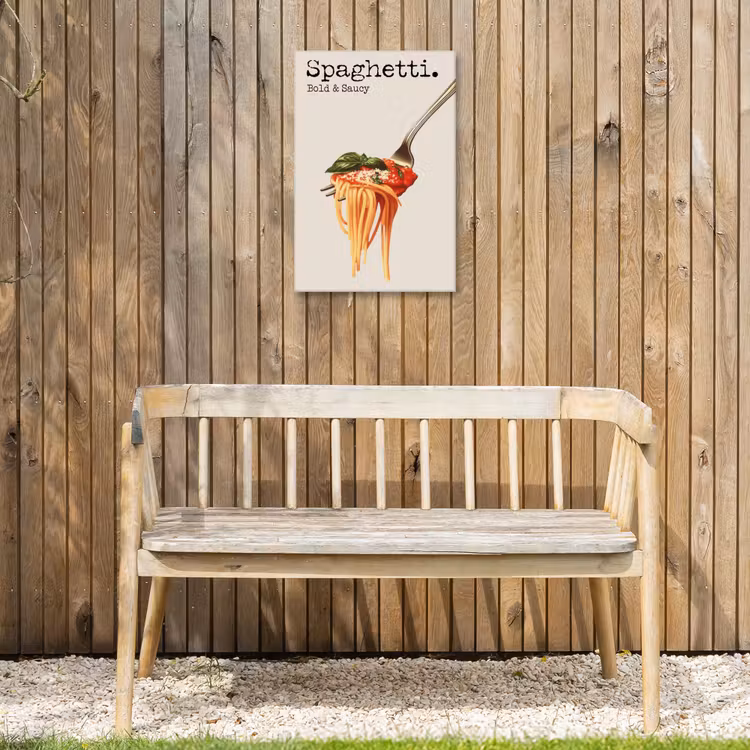 Spaghetti - tomatensaus - Parmezaanse kaas Tuinposter op houten frame 2 cm dik klein -sfeer4
