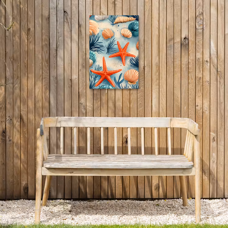 Zeesterren - Schelpen - Illustratie - Zand Tuinposter op houten frame 2 cm dik klein -sfeer4