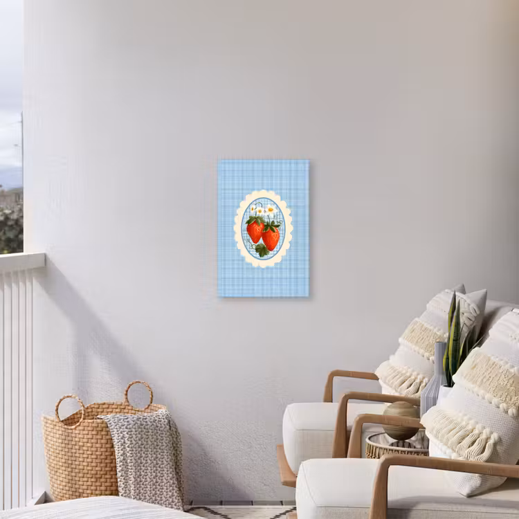 Aardbeien - Lijst - Rood - Geruit Tuinposter op houten frame 2 cm dik klein -sfeer1