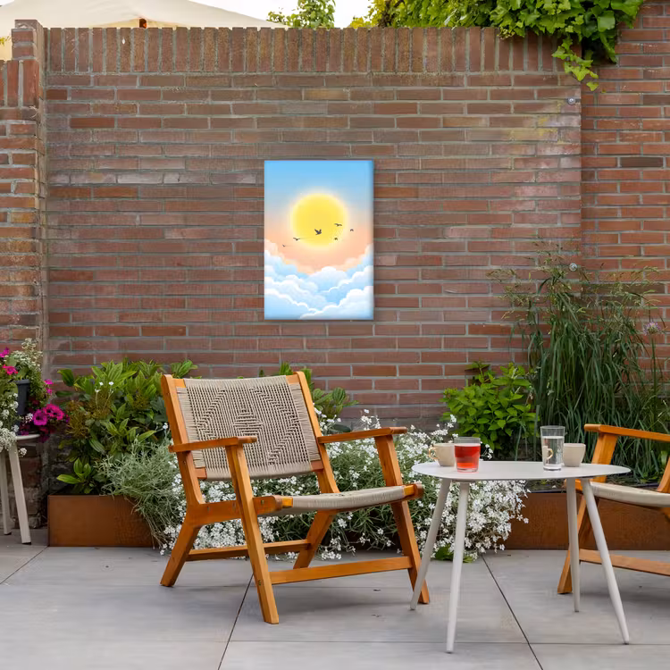 Zon - Vogels - Lucht - Natuur - Geel Tuinposter op houten frame 2 cm dik klein -sfeer3