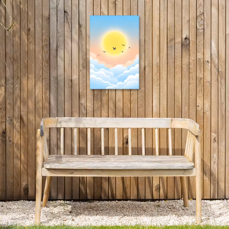 Zon - Vogels - Lucht - Natuur - Geel Tuinposter op houten frame 2 cm dik klein -sfeer4