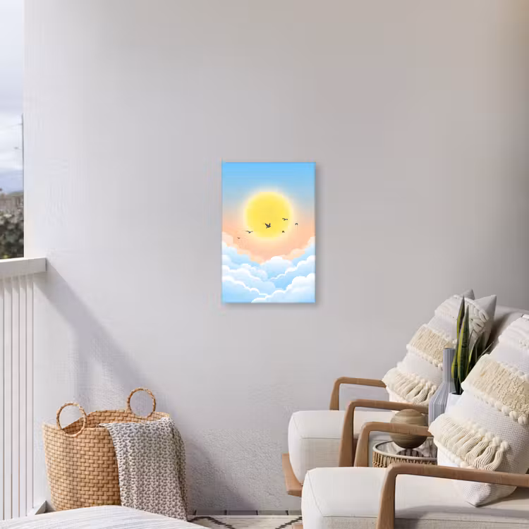 Zon - Vogels - Lucht - Natuur - Geel Tuinposter op houten frame 2 cm dik klein -sfeer1