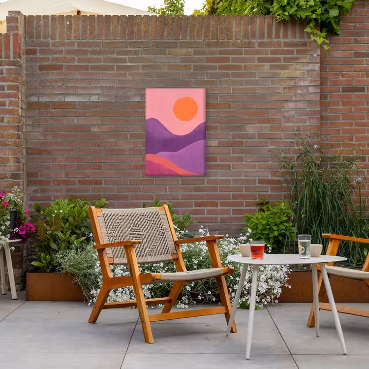 Zon - Heuvels - Paars - Abstract Tuinposter op houten frame 2 cm dik klein -sfeer3