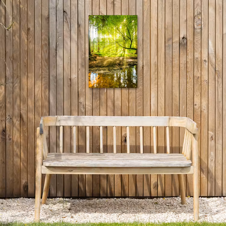 Zonnestralen in een groen bos Tuinposter op houten frame 2 cm dik klein -sfeer4