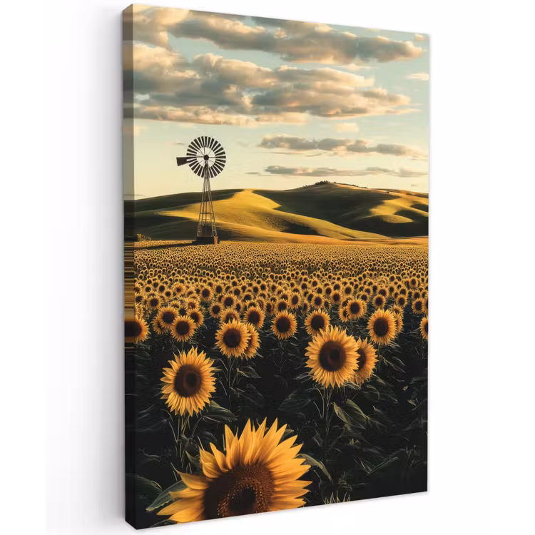 Zonnebloem - Veld - Windmolen Tuinposter op houten frame 2 cm dik klein -3d