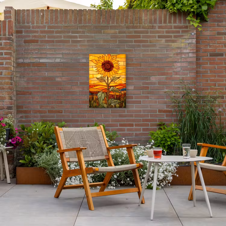 Zonnebloem - Mozaïek - Zonsondergang - Geel Tuinposter op houten frame 2 cm dik klein -sfeer3