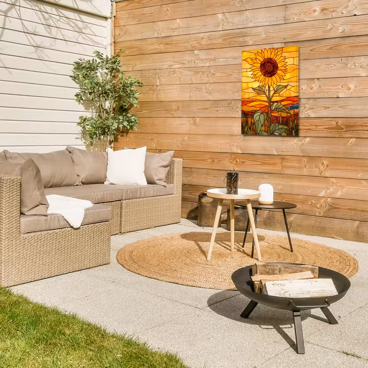 Zonnebloem - Mozaïek - Zonsondergang - Geel Tuinposter op houten frame 2 cm dik klein -sfeer2