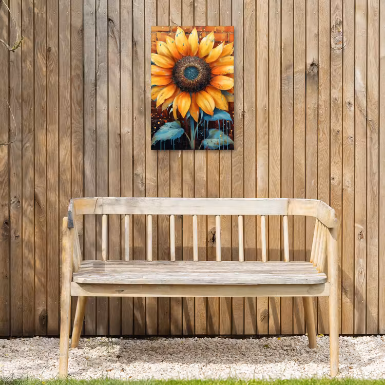 Zonnebloem op Bakstenen Muur Tuinposter op houten frame 2 cm dik klein -sfeer4
