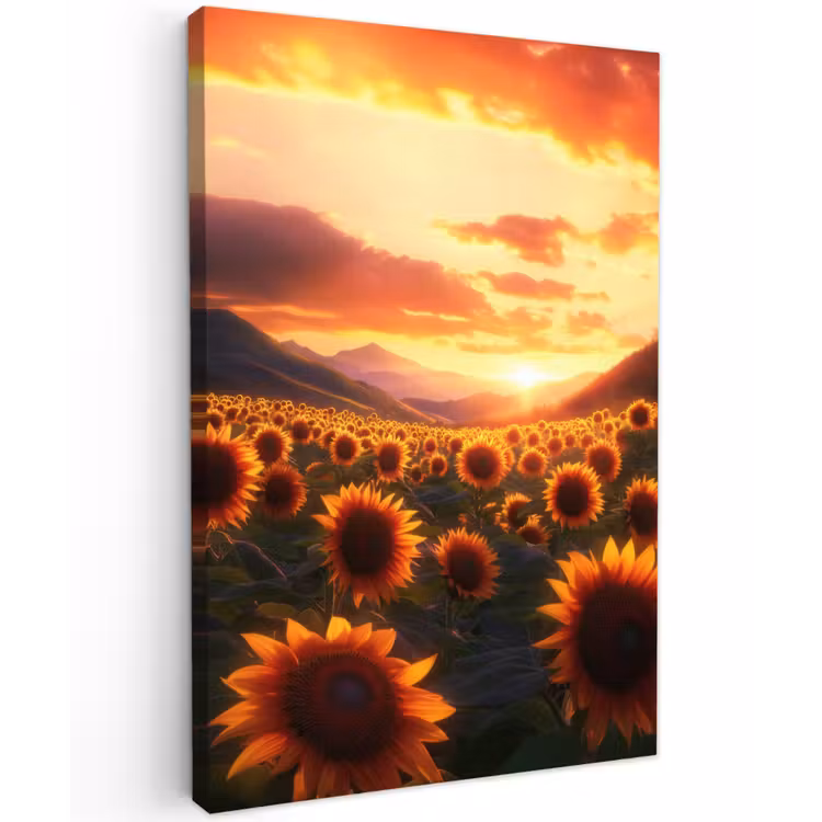 Zonnebloemen - Zonsondergang - Landschap Tuinposter op houten frame 2 cm dik klein -3d