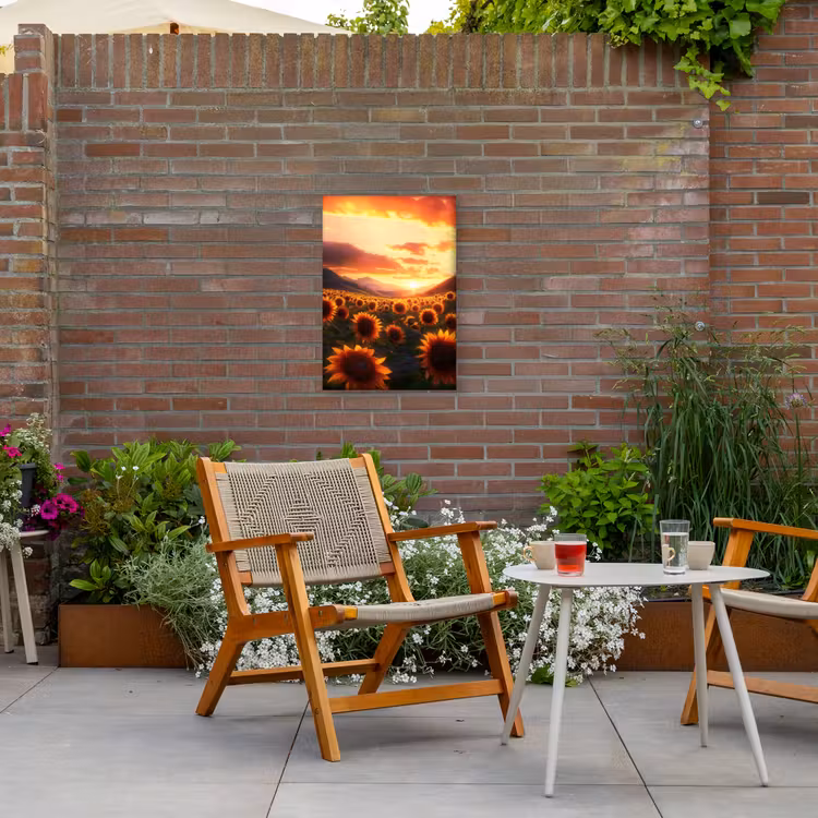Zonnebloemen - Zonsondergang - Landschap Tuinposter op houten frame 2 cm dik klein -sfeer3