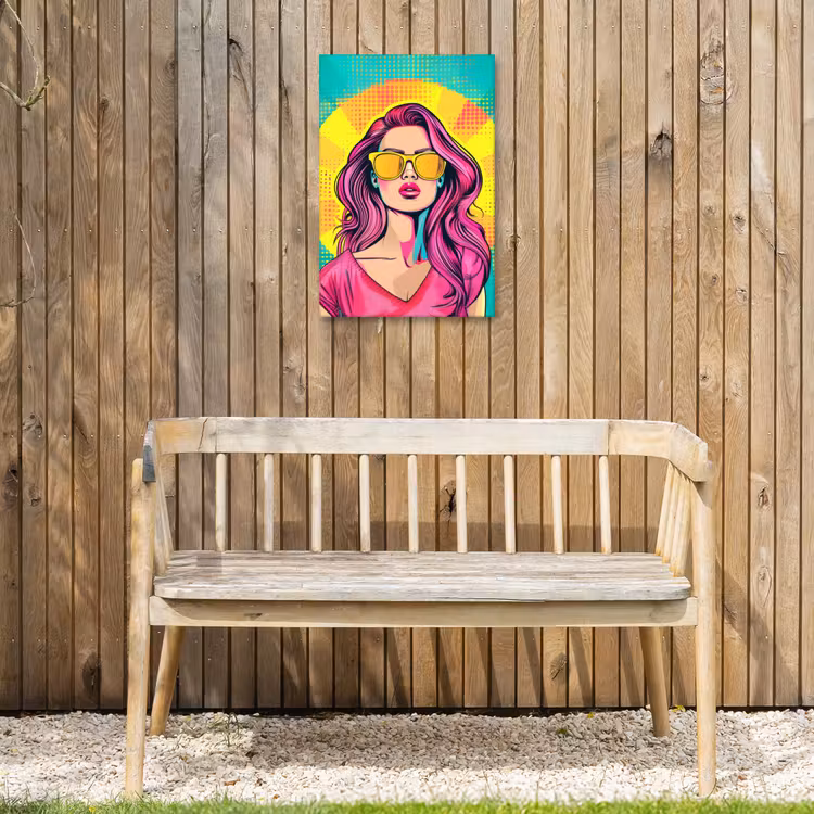Zonnebril - Vrouw - Zonnig - Geel Tuinposter op houten frame 2 cm dik klein -sfeer4