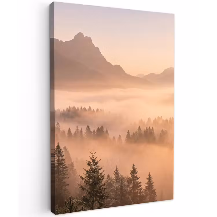 Zonlicht - Mist - Bergen - Bomen Tuinposter op houten frame 2 cm dik klein -3d