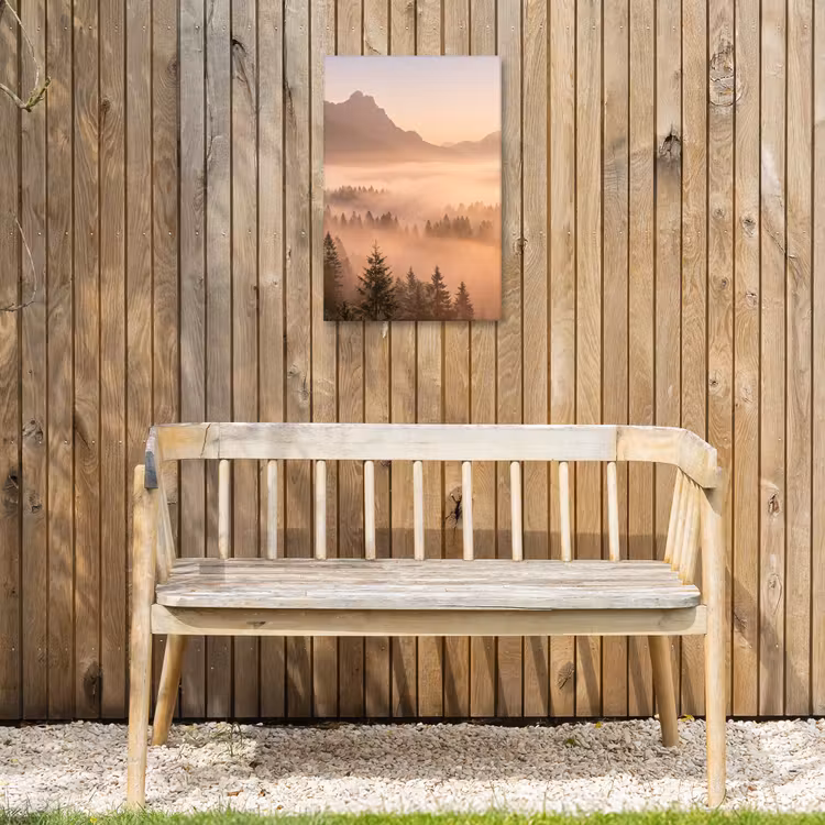 Zonlicht - Mist - Bergen - Bomen Tuinposter op houten frame 2 cm dik klein -sfeer4