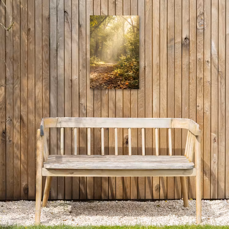 Zonlicht - Bospad - Bomen Tuinposter op houten frame 2 cm dik klein -sfeer4