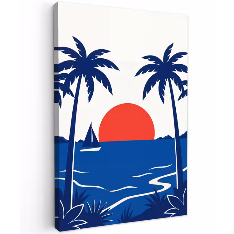 Zonsondergang - Zee - Palmboom - Tropisch - Modern Tuinposter op houten frame 2 cm dik klein -3d