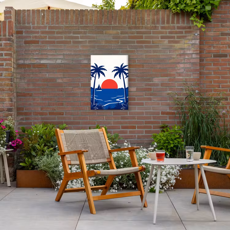 Zonsondergang - Zee - Palmboom - Tropisch - Modern Tuinposter op houten frame 2 cm dik klein -sfeer3