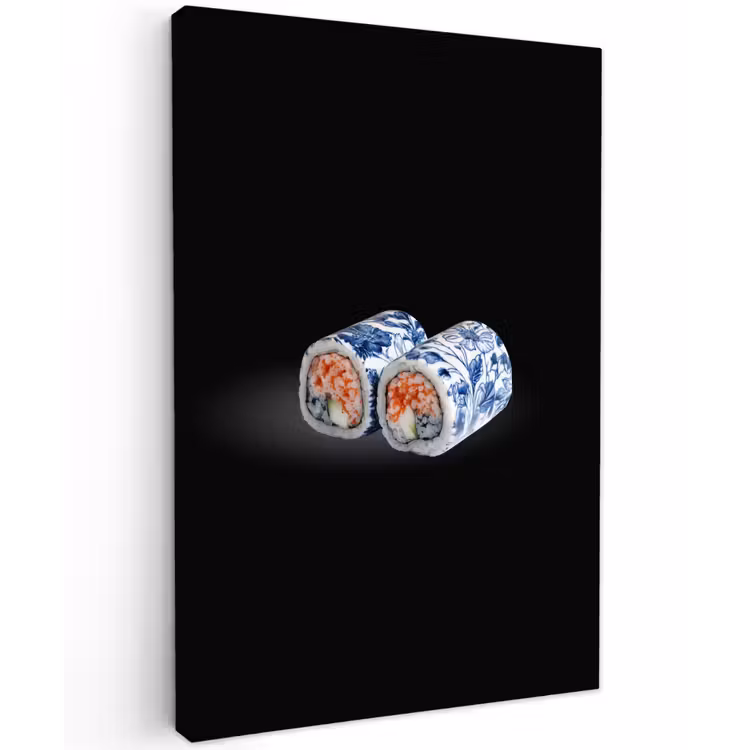 Sushi - Delfts blauw - Rijst - Vis - Elegant Tuinposter op houten frame 2 cm dik klein -3d