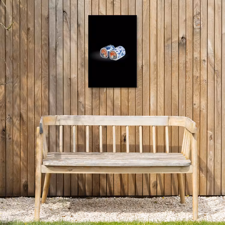 Sushi - Delfts blauw - Rijst - Vis - Elegant Tuinposter op houten frame 2 cm dik klein -sfeer4