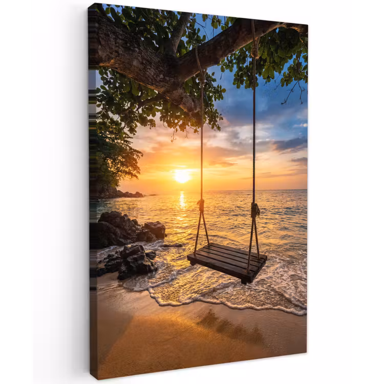 Schommel - Strand - Zonsondergang - Natuur - Oranje Tuinposter op houten frame 2 cm dik klein -3d