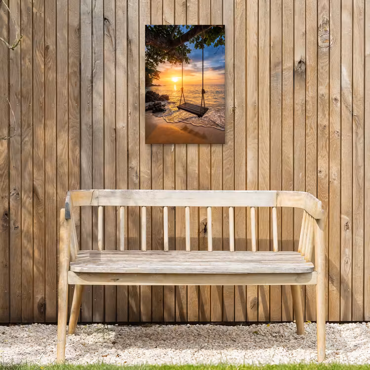 Schommel - Strand - Zonsondergang - Natuur - Oranje Tuinposter op houten frame 2 cm dik klein -sfeer4