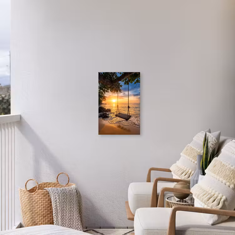 Schommel - Strand - Zonsondergang - Natuur - Oranje Tuinposter op houten frame 2 cm dik klein -sfeer1