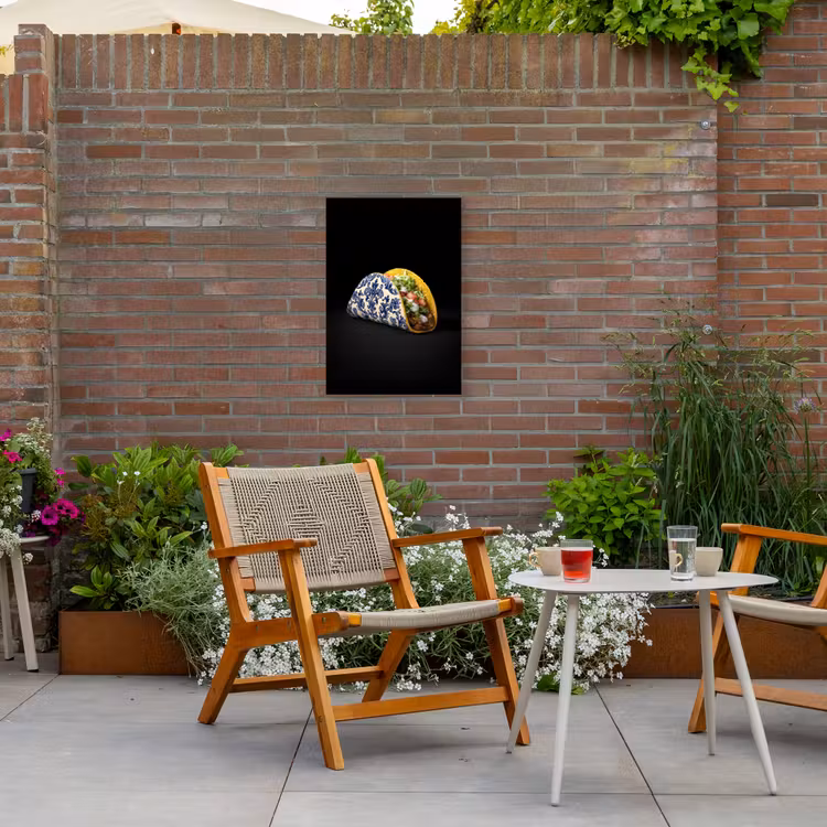 Taco - Vlees - Salade - Delftsblauw - Motief Tuinposter op houten frame 2 cm dik klein -sfeer3