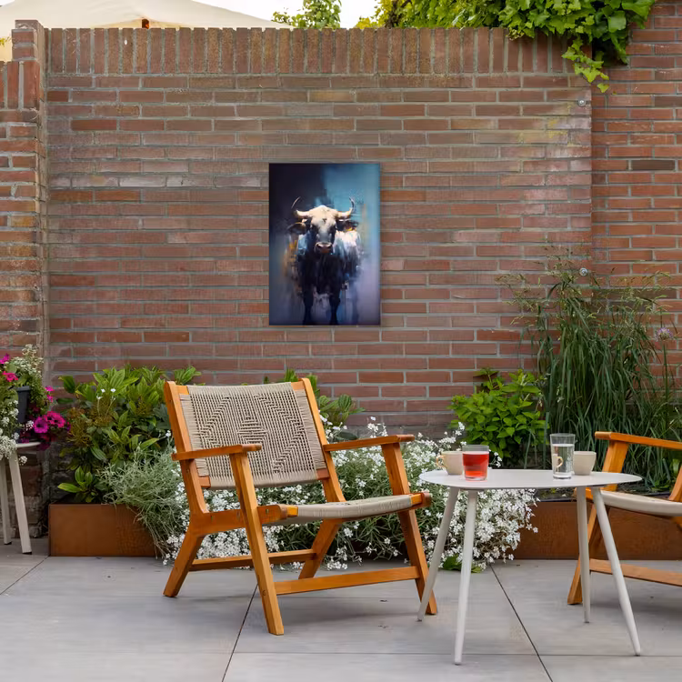Stier - Zwart - Abstract - Horens Tuinposter op houten frame 2 cm dik klein -sfeer3