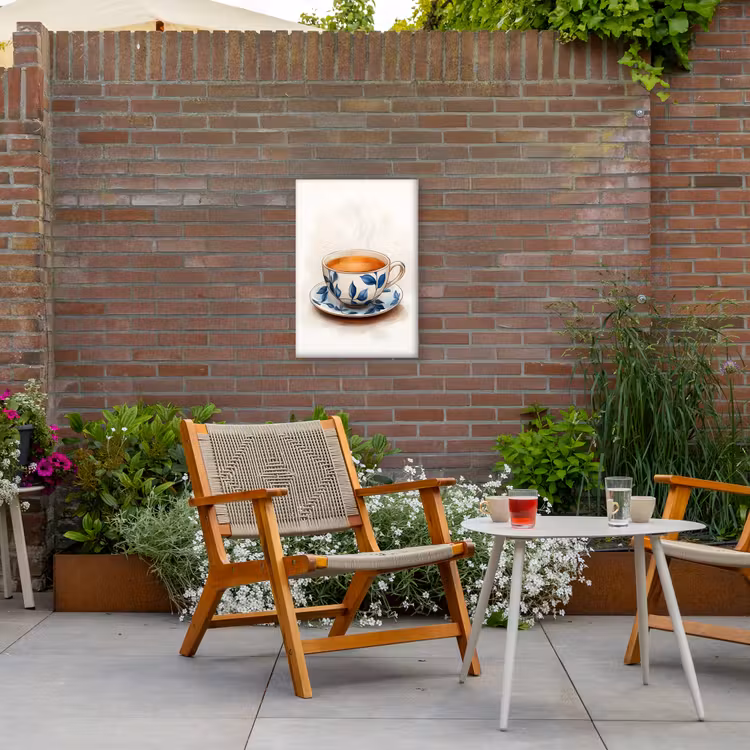 Theekop - Bladeren - Blauw Tuinposter op houten frame 2 cm dik klein -sfeer3