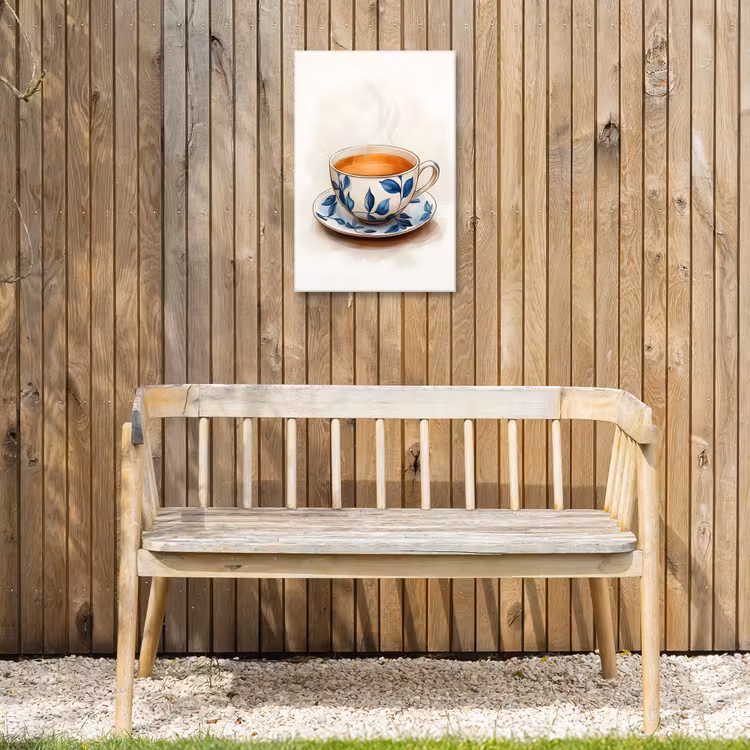 Theekop - Bladeren - Blauw Tuinposter op houten frame 2 cm dik klein -sfeer4