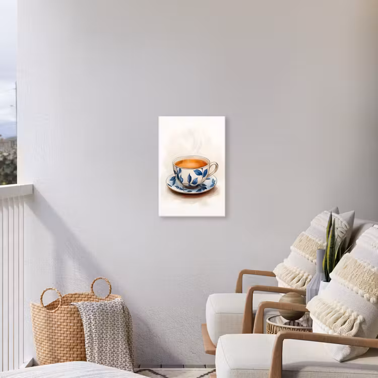 Theekop - Bladeren - Blauw Tuinposter op houten frame 2 cm dik klein -sfeer1