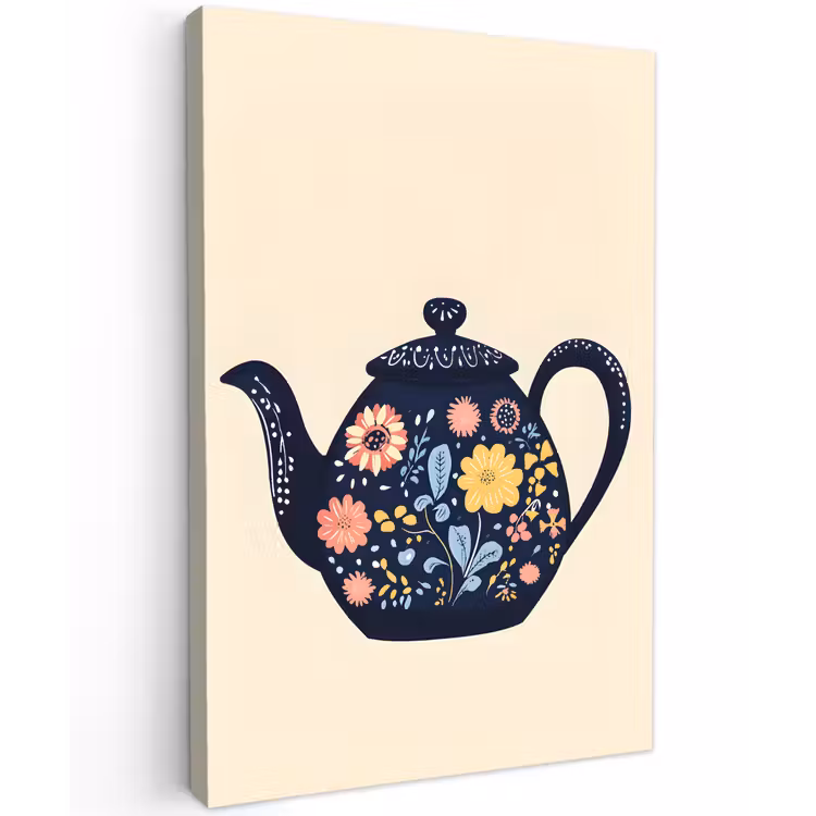 Theepot - Kleurrijk - Bloemen Tuinposter op houten frame 2 cm dik klein -3d