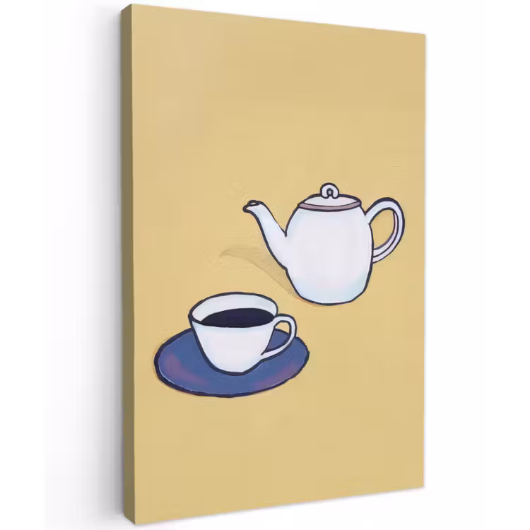 Theepot - Kopje - Beige - Illustratie Tuinposter op houten frame 2 cm dik klein -3d