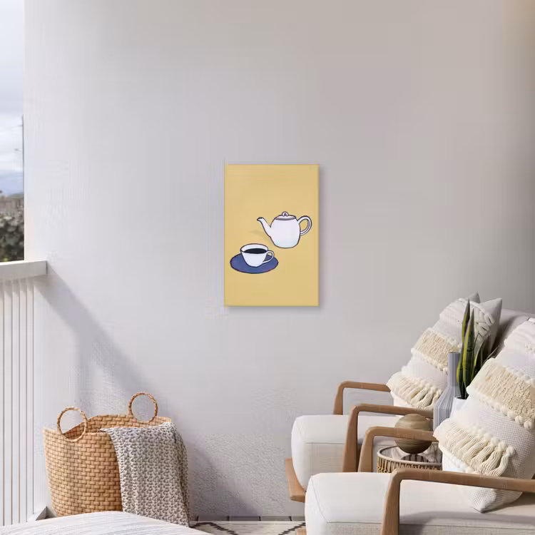 Theepot - Kopje - Beige - Illustratie Tuinposter op houten frame 2 cm dik klein -sfeer1