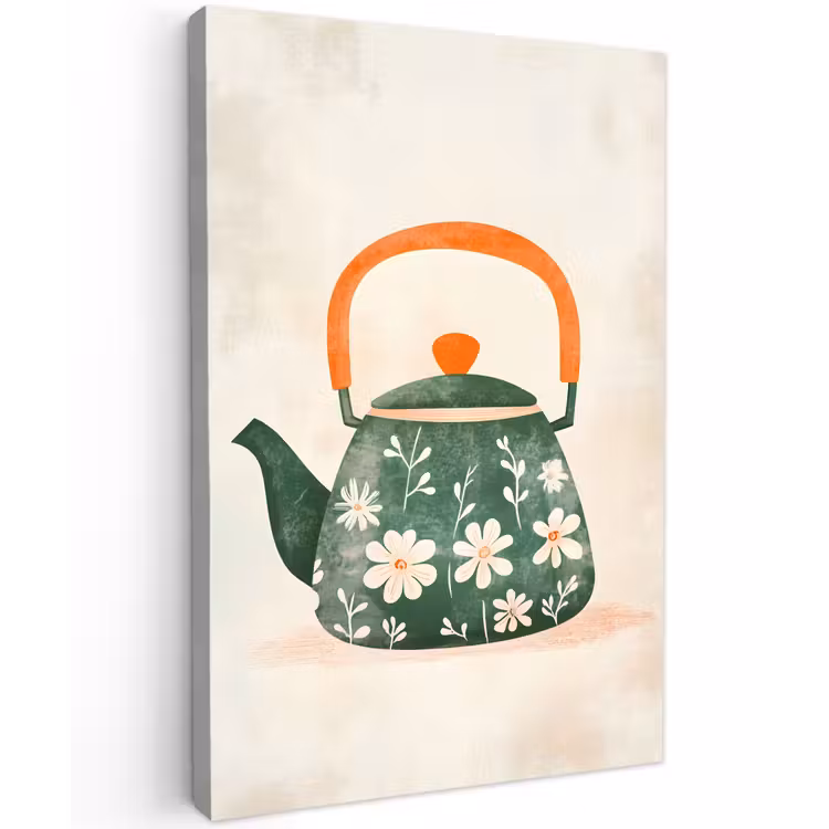Theepot - Groen - Bloemen - Oranje Tuinposter op houten frame 2 cm dik klein -3d