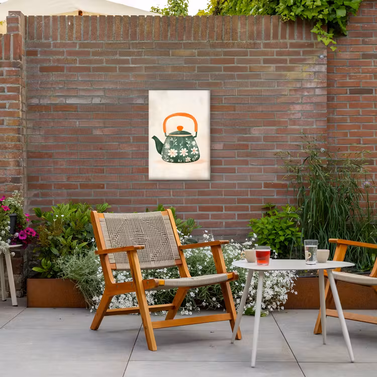 Theepot - Groen - Bloemen - Oranje Tuinposter op houten frame 2 cm dik klein -sfeer3