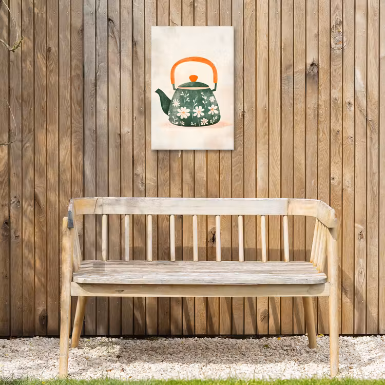 Theepot - Groen - Bloemen - Oranje Tuinposter op houten frame 2 cm dik klein -sfeer4