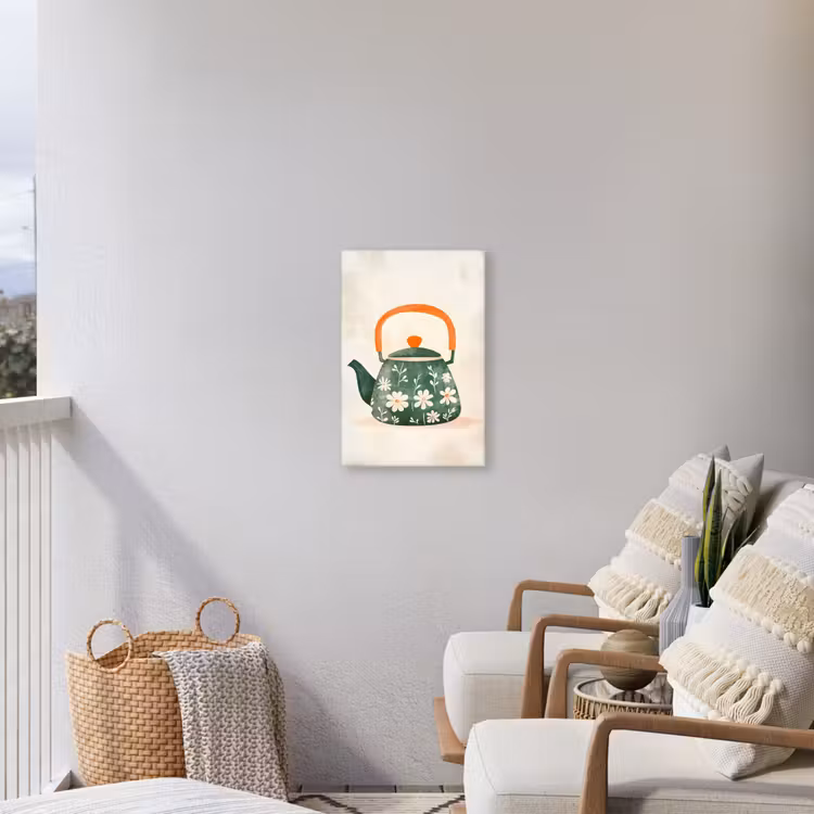 Theepot - Groen - Bloemen - Oranje Tuinposter op houten frame 2 cm dik klein -sfeer1