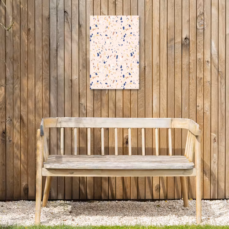 Terrazzo - Patroon - Kleurrijk - Indigo Tuinposter op houten frame 2 cm dik klein 841 -sfeer4