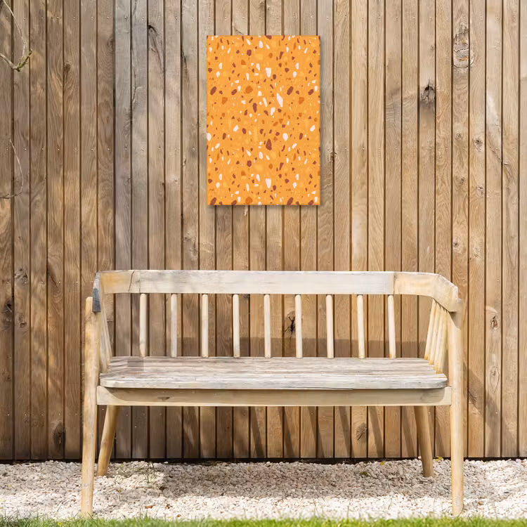 Terrazzo - Patroon - Okergeel Tuinposter op houten frame 2 cm dik klein 841 -sfeer4