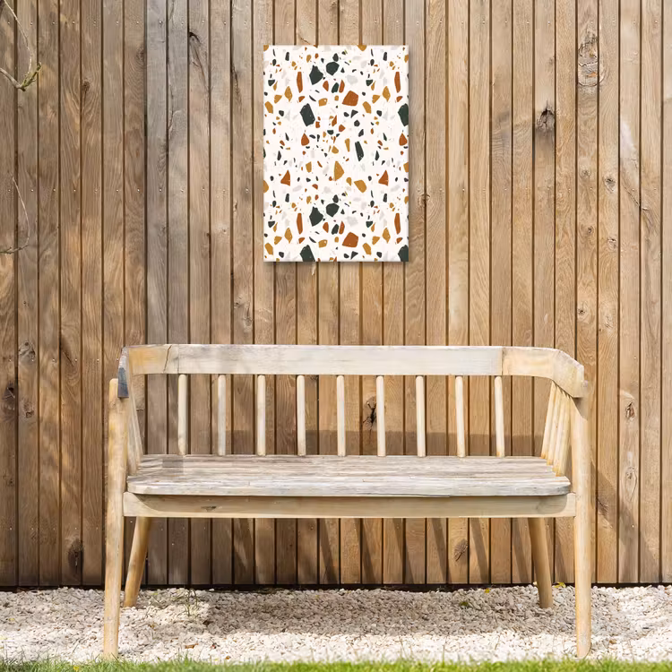 Terrazzo - Patroon - Wit - Terra Tuinposter op houten frame 2 cm dik klein 841 -sfeer4