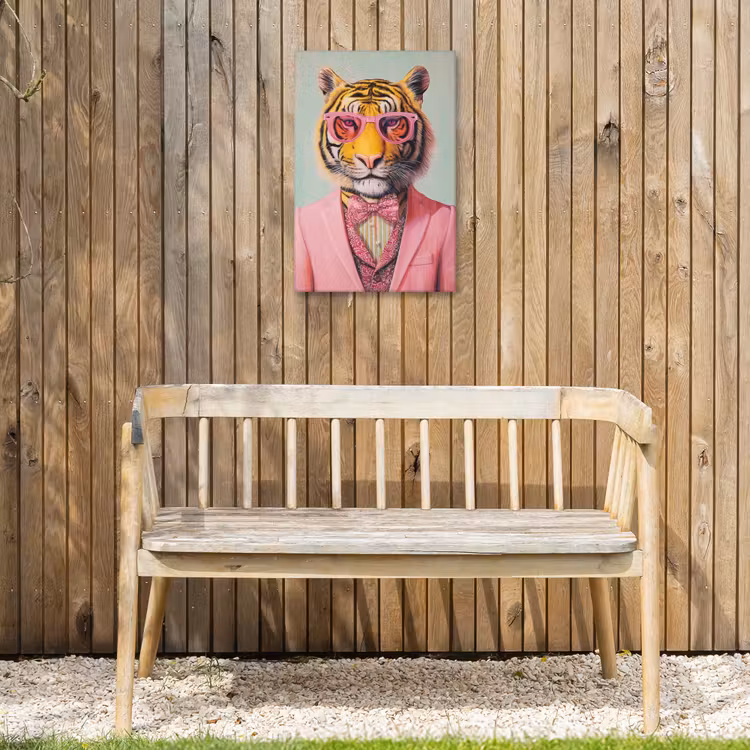 Tijger - Strik - Jasje - Roze Tuinposter op houten frame 2 cm dik klein -sfeer4