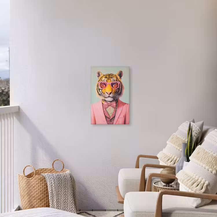 Tijger - Strik - Jasje - Roze Tuinposter op houten frame 2 cm dik klein -sfeer1