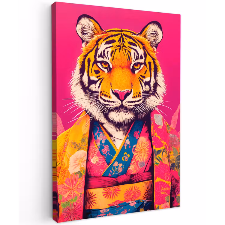 Tijger - Kimono - Planten - Roze Tuinposter op houten frame 2 cm dik klein -3d