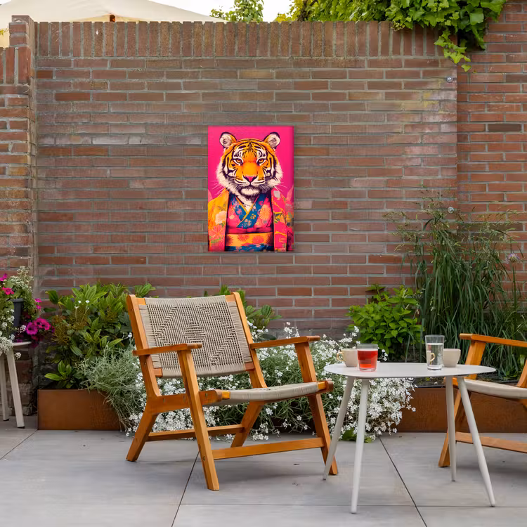Tijger - Kimono - Planten - Roze Tuinposter op houten frame 2 cm dik klein -sfeer3